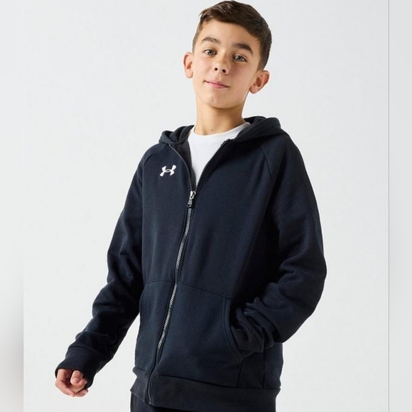 Under Armour Rival Fleece Full-Zip Hoodie Boys Size Large In Black W/ White Logo - Picture 1 of 13